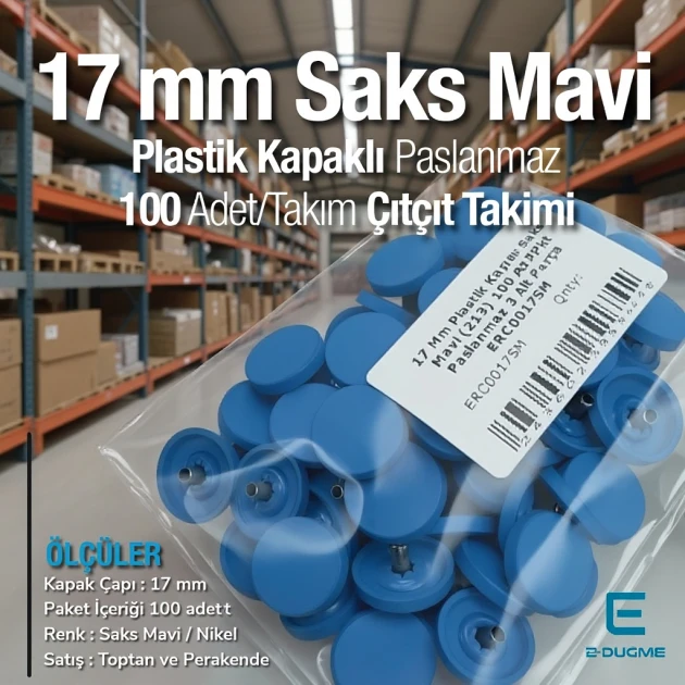Plastik Kapaklı 17 mm Çıtçıt Takımı Saks Mavi 100 adet/pkt ERC0017PLSMavi