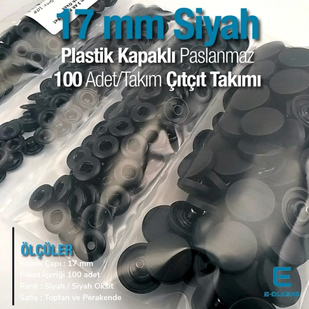 17 mm - 0,67" Black Plastic Cap Snap Fastener Set with 100 pieces/pack ERC0017PLSiyah