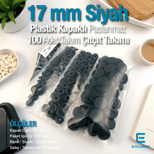 17 mm - 0,67" Black Plastic Cap Snap Fastener Set with 100 pieces/pack ERC0017PLSiyah