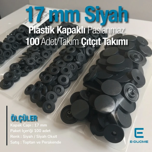 17 mm - 0,67" Black Plastic Cap Snap Fastener Set with 100 pieces/pack ERC0017PLSiyah