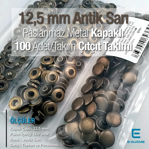 12,5 mm Hafif Bombeli 54 Sistem Paslanmaz Çıtçıt Antik Sarı Çıtçıt Düğme 100 Ad / Paket ERCA00125PAS