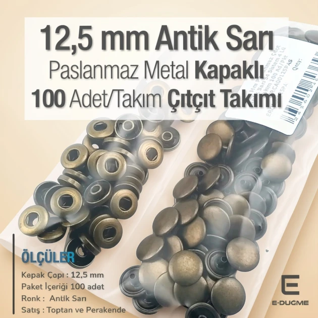 12,5 mm Hafif Bombeli 54 Sistem Paslanmaz Çıtçıt Antik Sarı Çıtçıt Düğme 100 Ad / Paket ERCA00125PAS