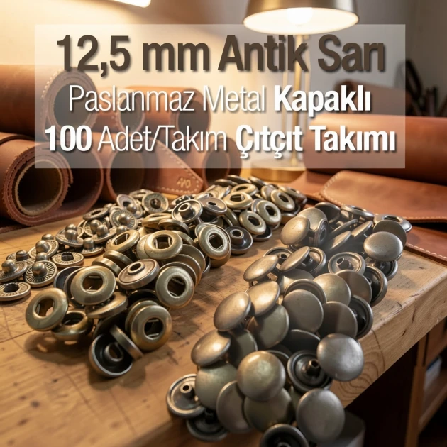 12,5 mm Hafif Bombeli 54 Sistem Paslanmaz Çıtçıt Antik Sarı Çıtçıt Düğme 100 Ad / Paket ERCA00125PAS