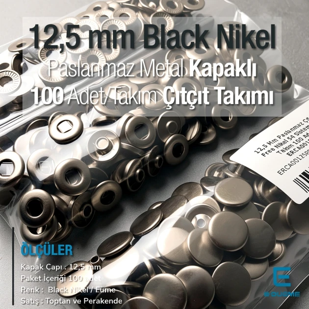 12,5 mm Hafif Bombeli Paslanmaz 54 Sistem Çıtçıt Siyah Nikel (Füme) Çıtçıt Düğme 100 Ad / Paket ERCA00125PSN