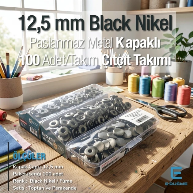12,5 mm Hafif Bombeli Paslanmaz 54 Sistem Çıtçıt Siyah Nikel (Füme) Çıtçıt Düğme 100 Ad / Paket ERCA00125PSN