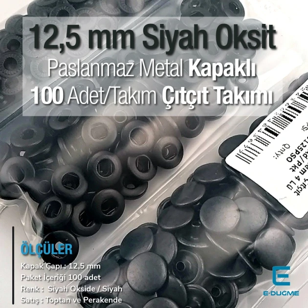 12,5 mm Hafif Bombeli Paslanmaz 54 Sistem Çıtçıt Siyah Oksit Çıtçıt Düğme 100 Ad / Paket ERCA00125PSO