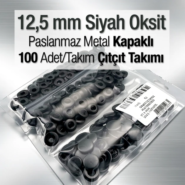 12,5 mm Hafif Bombeli Paslanmaz 54 Sistem Çıtçıt Siyah Oksit Çıtçıt Düğme 100 Ad / Paket ERCA00125PSO