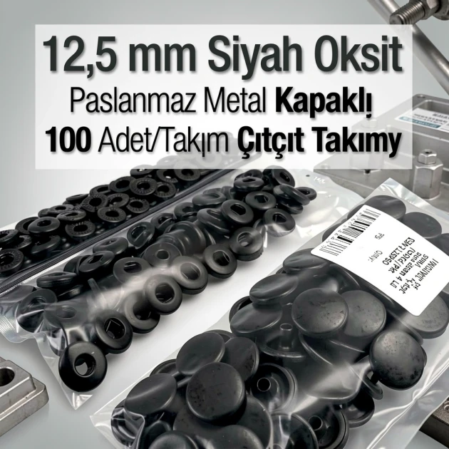12,5 mm Hafif Bombeli Paslanmaz 54 Sistem Çıtçıt Siyah Oksit Çıtçıt Düğme 100 Ad / Paket ERCA00125PSO
