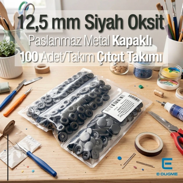 12,5 mm Hafif Bombeli Paslanmaz 54 Sistem Çıtçıt Siyah Oksit Çıtçıt Düğme 100 Ad / Paket ERCA00125PSO