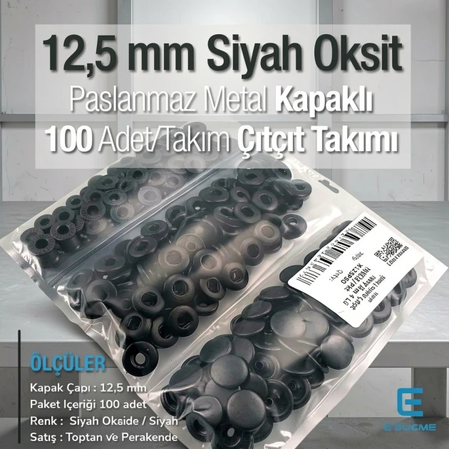 12,5 mm Hafif Bombeli Paslanmaz 54 Sistem Çıtçıt Siyah Oksit Çıtçıt Düğme 100 Ad / Paket ERCA00125PSO