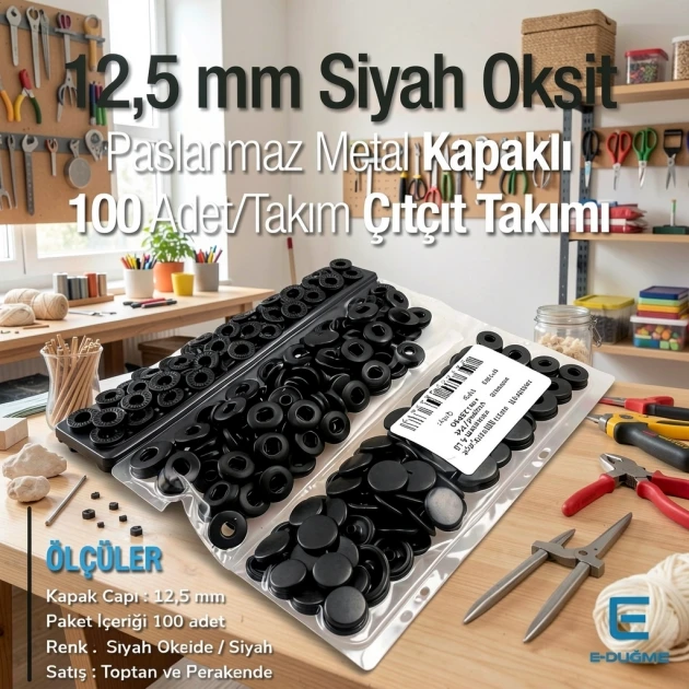 12,5 mm Hafif Bombeli Paslanmaz 54 Sistem Çıtçıt Siyah Oksit Çıtçıt Düğme 100 Ad / Paket ERCA00125PSO