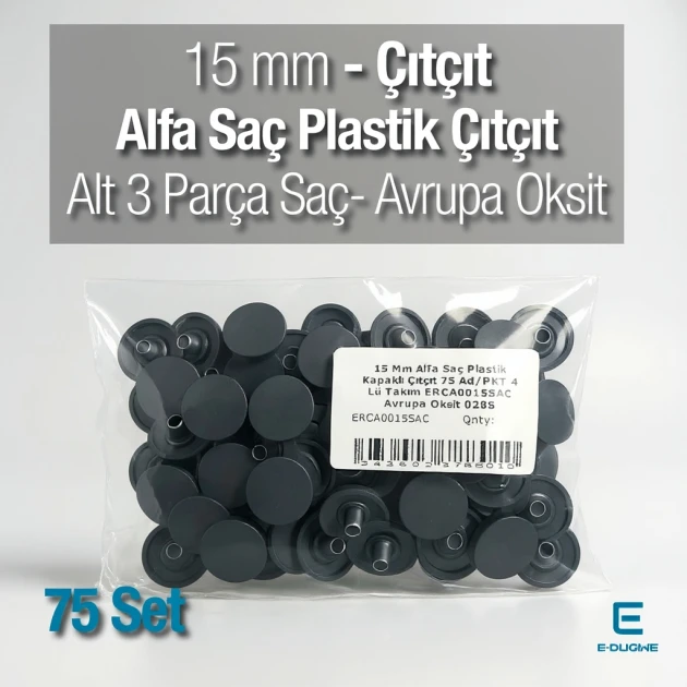 Alfa Çıtçıt Düğme 15 mm Plastik Kapak Saç 3 Alt Parça 75 Adet/Paket ERCA0015SAC