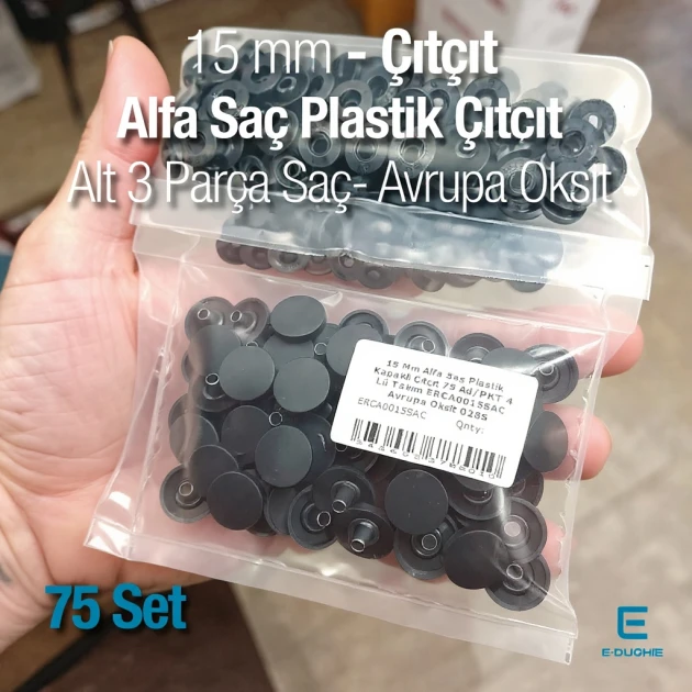 Alfa Çıtçıt Düğme 15 mm Plastik Kapak Saç 3 Alt Parça 75 Adet/Paket ERCA0015SAC
