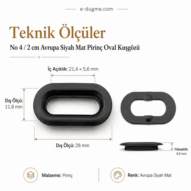 20 mm European Matte Black Brass Oval Eyelet for bags and textiles, 50 pieces