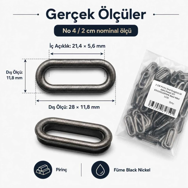 No 4 / 2 cm Pirinç Oval Kuşgözü Füme Black Nickel - 50 Adet, çanta, ayakkabı ve dekoratif tekstil uygulamaları için ideal