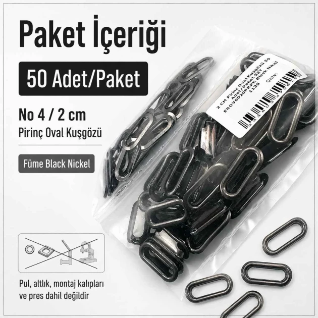 No 4 / 2 cm Pirinç Oval Kuşgözü Füme Black Nickel - 50 Adet, çanta, ayakkabı ve dekoratif tekstil uygulamaları için ideal