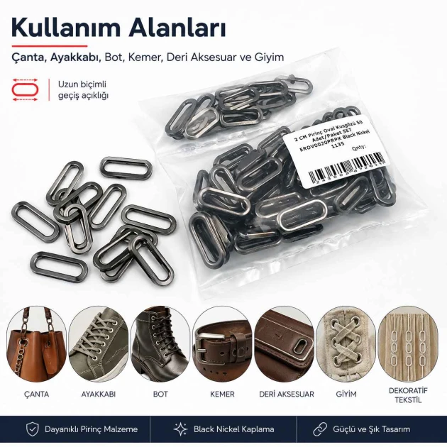 No 4 / 2 cm Pirinç Oval Kuşgözü Füme Black Nickel - 50 Adet, çanta, ayakkabı ve dekoratif tekstil uygulamaları için ideal