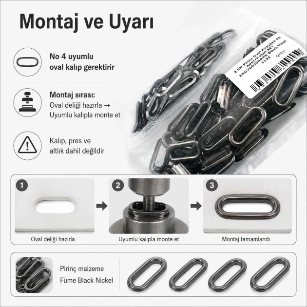 No 4 / 2 cm Pirinç Oval Kuşgözü Füme Black Nickel - 50 Adet, çanta, ayakkabı ve dekoratif tekstil uygulamaları için ideal