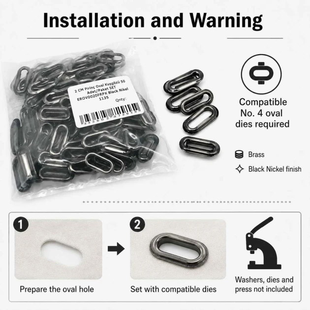 No 4 / 2 cm Pirinç Oval Kuşgözü Füme Black Nickel - 50 Adet, çanta, ayakkabı ve dekoratif tekstil uygulamaları için ideal