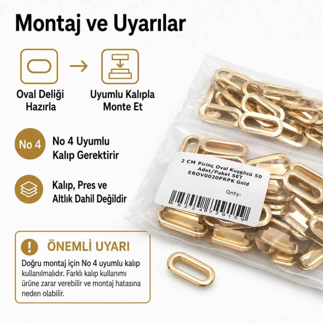 Oval Kuşgözü 2 cm Gold 50 Adet/Paket Pirinç - Modern ve estetik görünüm sunan dayanıklı aksesuar