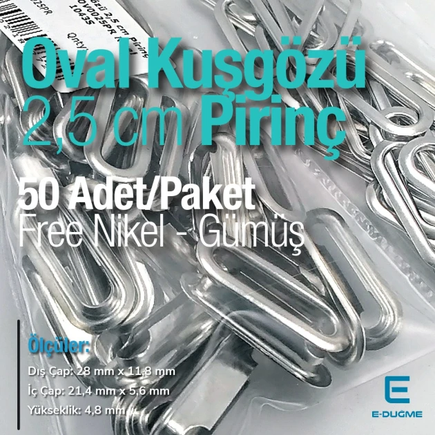 2,5 cm Free Nikel Gümüş Pirinç Oval Kuşgözü 50 Adet – EROV0025PRPKFN