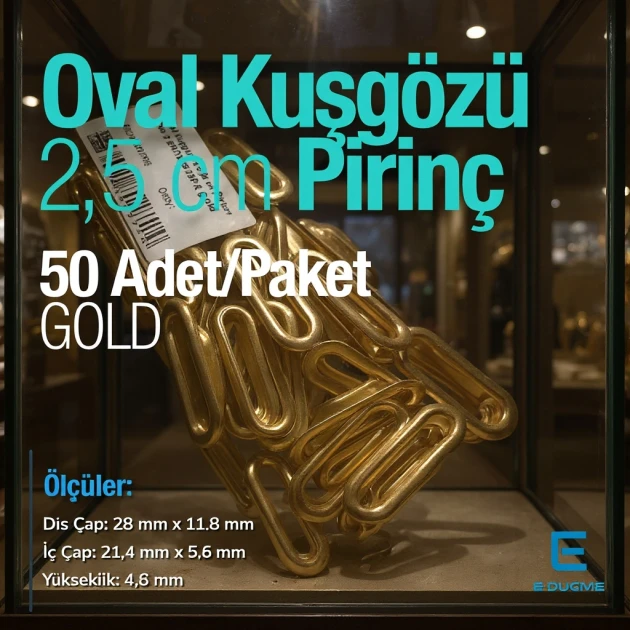 2,5 cm Gold Pirinç Oval Kuşgözü 50 Adet – EROV0025PRPKGLD