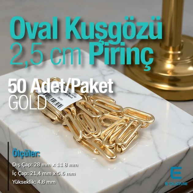 2,5 cm Gold Pirinç Oval Kuşgözü 50 Adet – EROV0025PRPKGLD