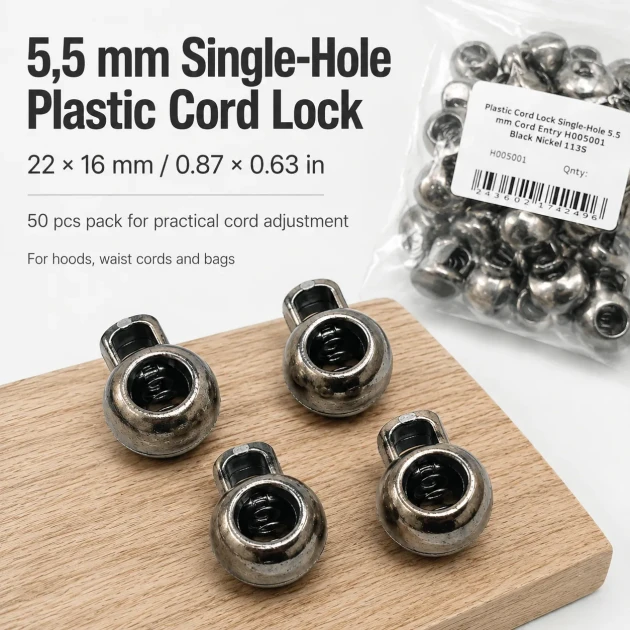 5.5 mm Single-Hole Plastic Cord Lock for Sweatshirt Strings and Drawstrings, Pack of 50
