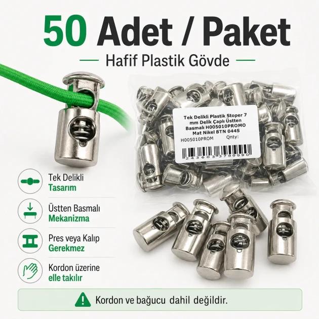 Tek Delikli Plastik Stoper 7 mm Kordon Girişli Üstten Basmalı 50 Adet H005010Promo - Plastik stoperler, kordon ve iplerin