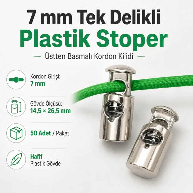 Tek Delikli Plastik Stoper 7 mm Kordon Girişli Üstten Basmalı 50 Adet H005010Promo - Plastik stoperler, kordon ve iplerin