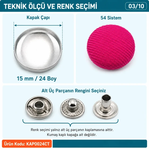 24L 15 mm fabric-covered snap fastener for jackets, coats, and accessories