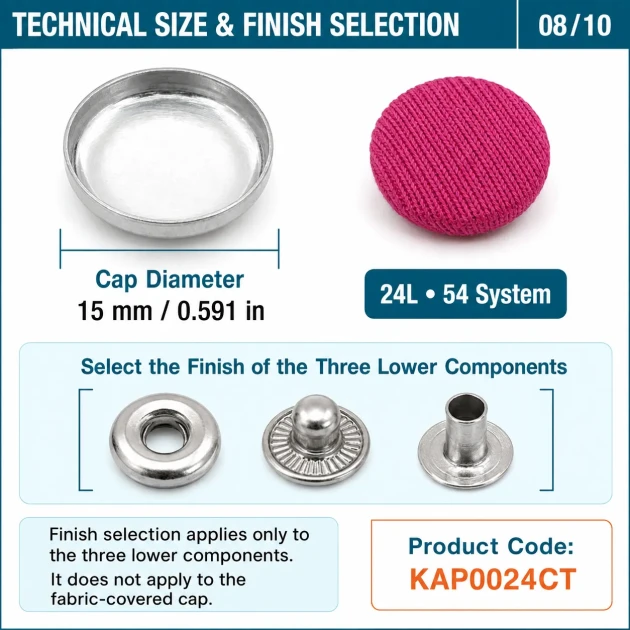 24L 15 mm fabric-covered snap fastener for jackets, coats, and accessories