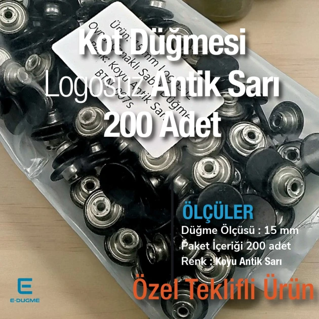 15 mm Kot Düğmesi Oynar Çanaklı Koyu Antik Sarı 200 Adet/Paket KD001502PROMO