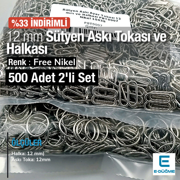 12 mm  Sütyen Askı Ayar Tokası ve Halkası Free Nikel 500 ad/Paket PBT0007PROMO