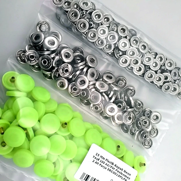 Snap Fastener 15 mm - 0,59" Set with Plastic Cover, 100 pieces/pack, Neon Green ERC0015PLNGreen