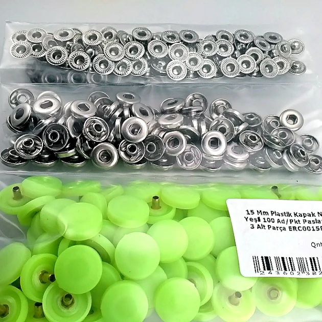 Snap Fastener 15 mm - 0,59" Set with Plastic Cover, 100 pieces/pack, Neon Green ERC0015PLNGreen
