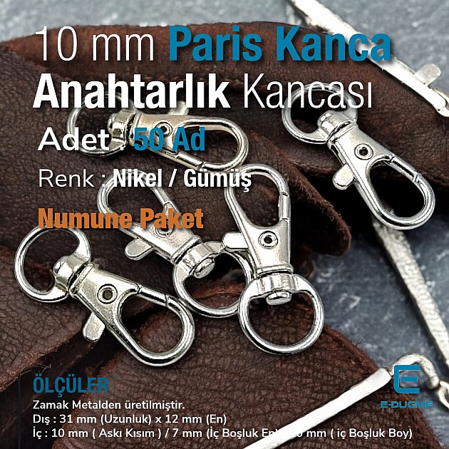 10 mm 0,39" Paris Hook Spring Swivel Hooks - Keychain Hook - Parrot Hook (100 Pieces/Pack) S1351