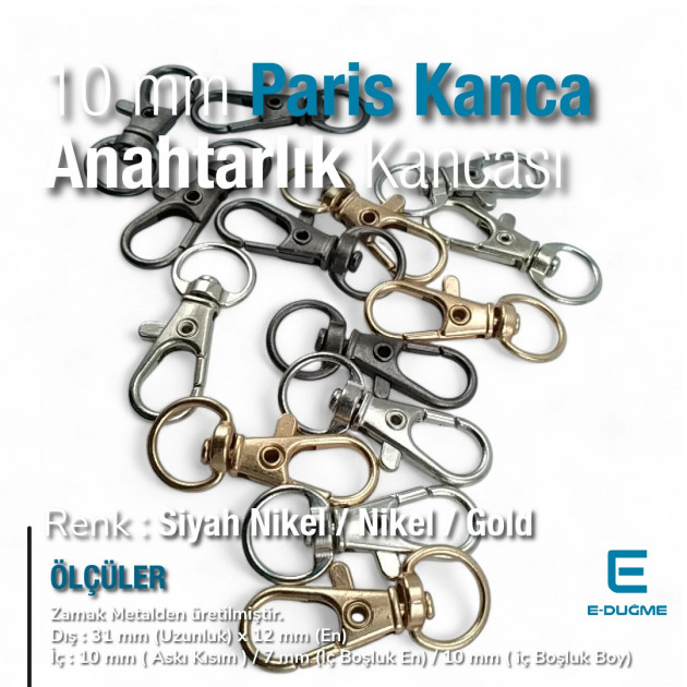 10 mm Paris Kanca Yaylı Döner Kancalar - Anahtarlık Kancası - Papağan Kanca (100 Adet/Paket) S1351