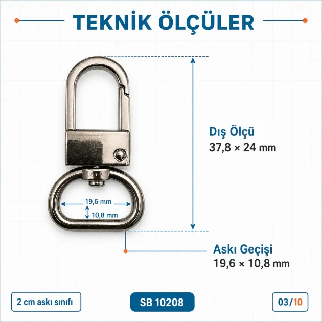2 cm büyük boy kilitli papağan kanca zamak metal SB 10208, çanta aksesuarı