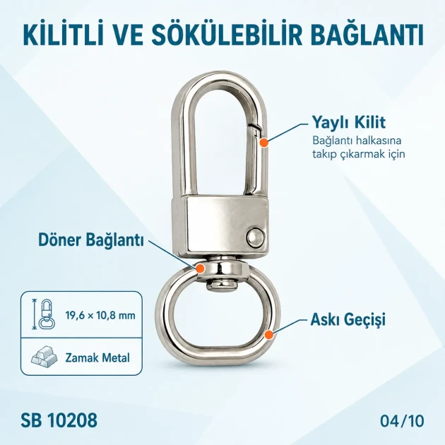 2 cm büyük boy kilitli papağan kanca zamak metal SB 10208, çanta aksesuarı