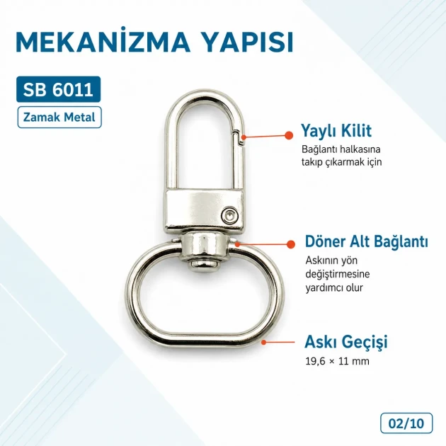 2 cm Kilitli Yaylı Döner Papağan Kanca Zamak Metal SB 6011 - Çanta ve tekstil aksesuarları için güvenli bağlantı