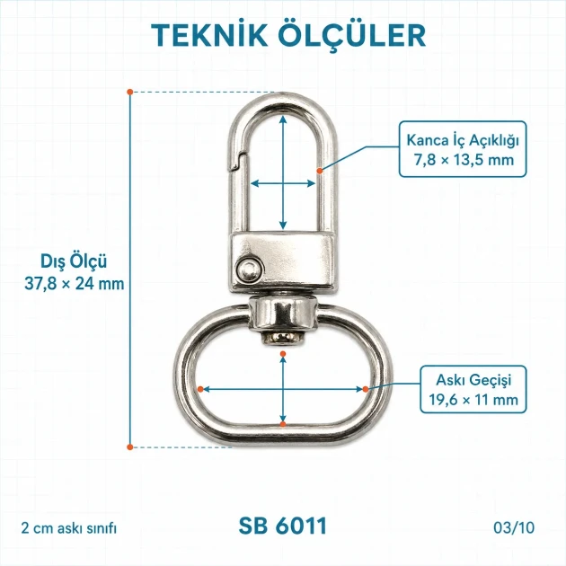 2 cm Kilitli Yaylı Döner Papağan Kanca Zamak Metal SB 6011 - Çanta ve tekstil aksesuarları için güvenli bağlantı