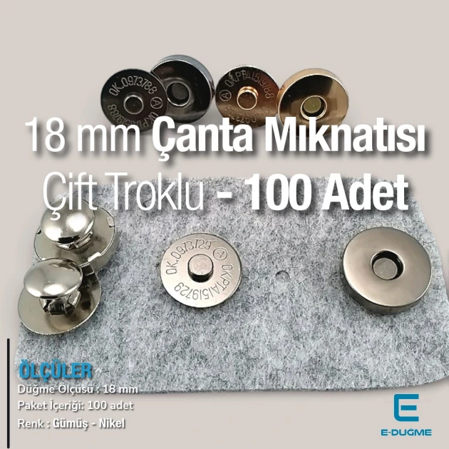 18 mm Mıknatıslı Çanta ÇıtÇıtı - Çanta Mıknatısı Çift Taraf Troklu - Plus Kalite SB 10132CT