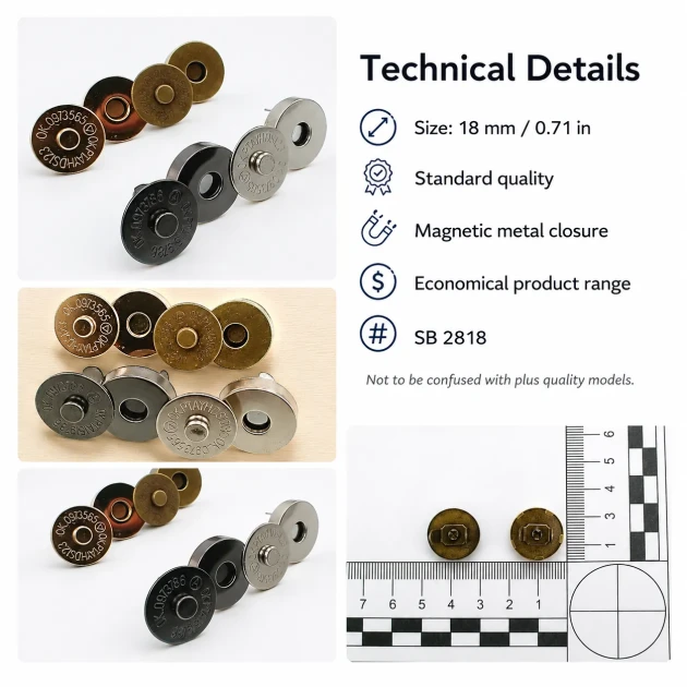 18 mm Standard Quality Magnetic Bag Snap Closure SB 2818 - Durable metal snap for bags, wallets, and DIY projects