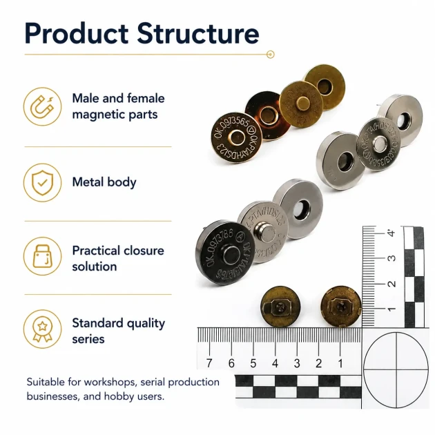 18 mm Standard Quality Magnetic Bag Snap Closure SB 2818 - Durable metal snap for bags, wallets, and DIY projects