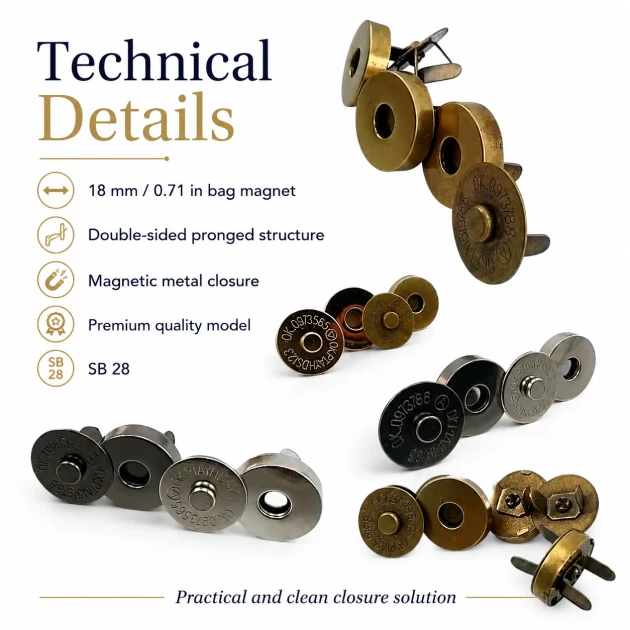 18 mm Double-Prong Magnetic Bag Snap Closure SB 2824 for secure and stylish bag fastening