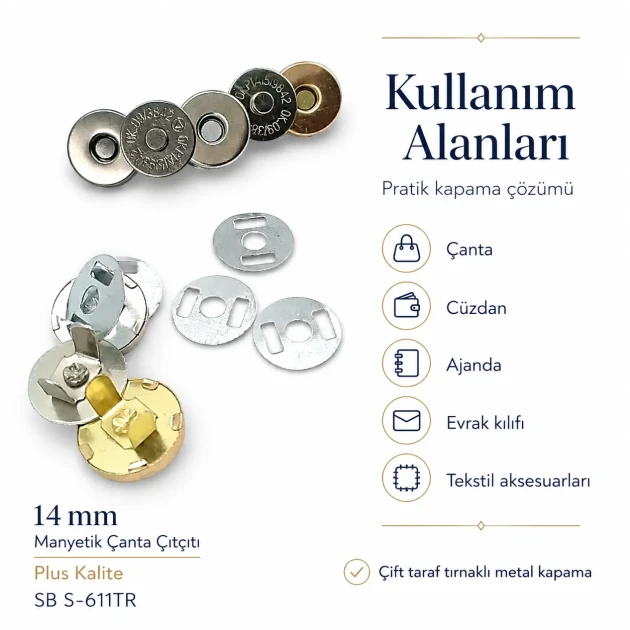 14 mm Mıknatıslı Çanta Çıtçıtı - Çift Taraf Tırnaklı - Plus Kalite SB S-611TR
