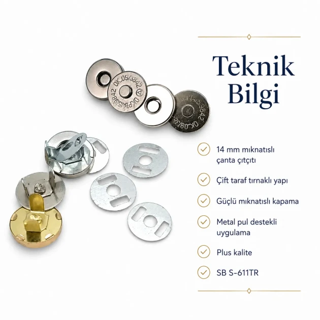 14 mm Mıknatıslı Çanta Çıtçıtı - Çift Taraf Tırnaklı - Plus Kalite SB S-611TR