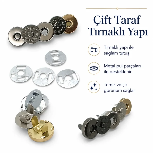 14 mm Mıknatıslı Çanta Çıtçıtı - Çift Taraf Tırnaklı - Plus Kalite SB S-611TR
