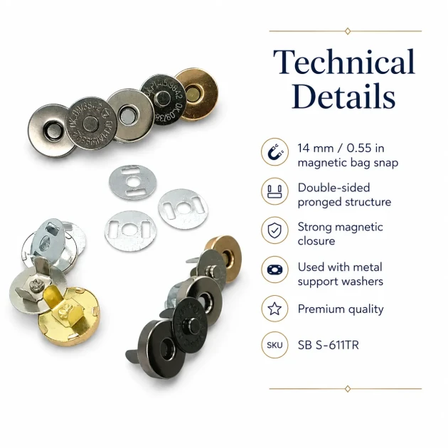 14 mm Mıknatıslı Çanta Çıtçıtı - Çift Taraf Tırnaklı - Plus Kalite SB S-611TR